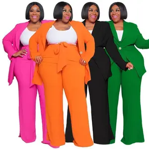2025 Plus Size Women's Business Suit Set Front Open Long Sleeve Blazer Elastic Waist Solid Color Straight Pants Set
