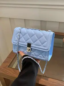 Stylish Solid Color Quilted Square Chain Shoulder Bag, Versatile Evening Handbag, Casual Trendy Daily Commuter Purse for Work and Students, Lightweight Crossbody Wallet
