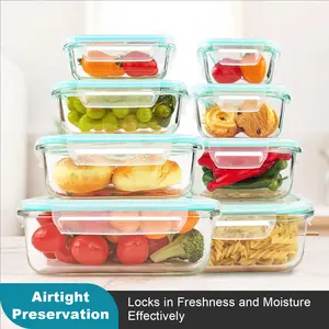 Premium Glass Food Storage Containers 8 Pack Stackable Square Design with Airtight Lids Green Rectangle Safe for Oven Microwave Freezer High Temperature Durable Kitchen Utensils