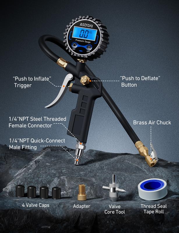 AstroAI Digital Tire Pressure Gauge with Inflator 250 PSI Air Chuck & Compressor Accessories Accuracy Measurement Durable Brass Components Automotive Vehicle Tool