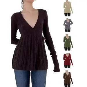 Y2k Vintage Warm Sweater Women Pastel Goth Soft Sweet Cute Long Sleeve V-neck High Waist Knitted Pullover Female