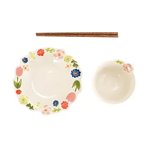 KAWASIMAYA Floral Embossed Dinnerware Set for One - 3 Piece Ceramic Plate Bowl Chopsticks Set