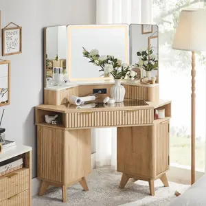 OKD 48" Corner Vanity Desk with Fluted Design, LED Tri-Fold Mirror, Charging Station, Glass Display Top, 5 Storage Drawers - Modern Bedroom Bathroom Makeup Dressing Table