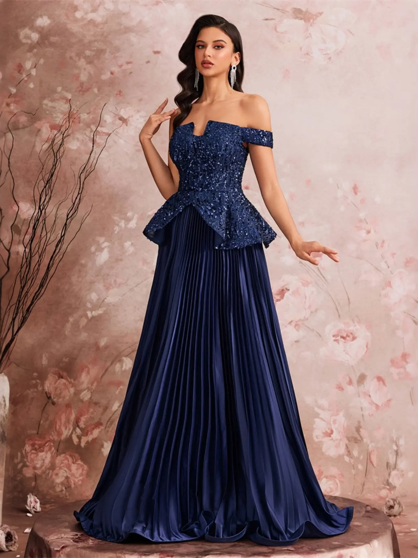 Sheer Blue Sequined Evening Gown, Long A-Line Chic Party Dress, Formal Guest Wear for Weddings & Events, Elegant Pleated Satin Design