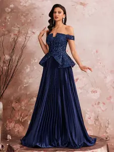 2026 Luxury Off-Shoulder Sequin Ball Gown, Pleated Long Dress Design, Formal Evening Party Dress, Elegant Gala Attire, Womenswear