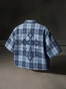 American Vintage Plaid Cross Print Short Sleeve Shirt, Men's High Street Vibe Loose-Fit Top, Casual Collared Shirt, Casual Fashion Apparel