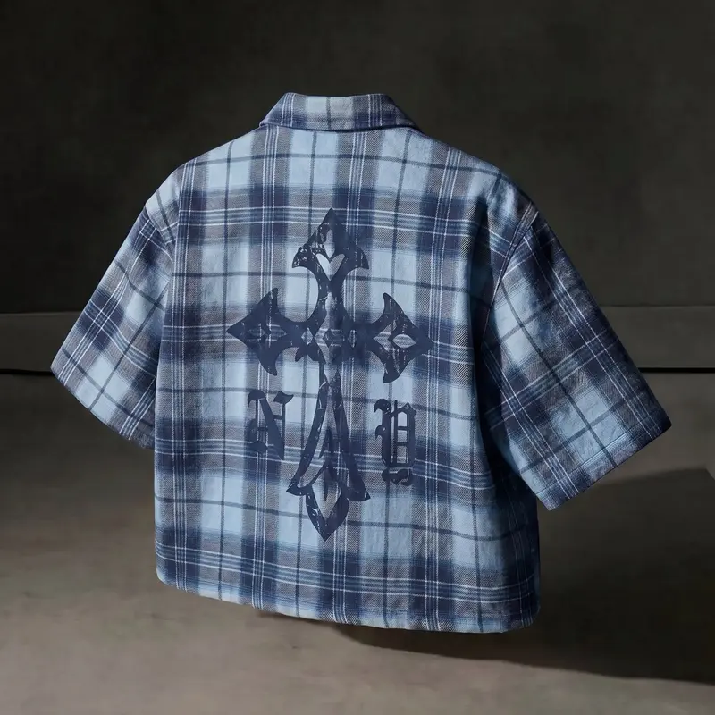 American Vintage Plaid Cross Print Short Sleeve Shirt, Men's Loose-Fit Casual Top, Summer Shirts