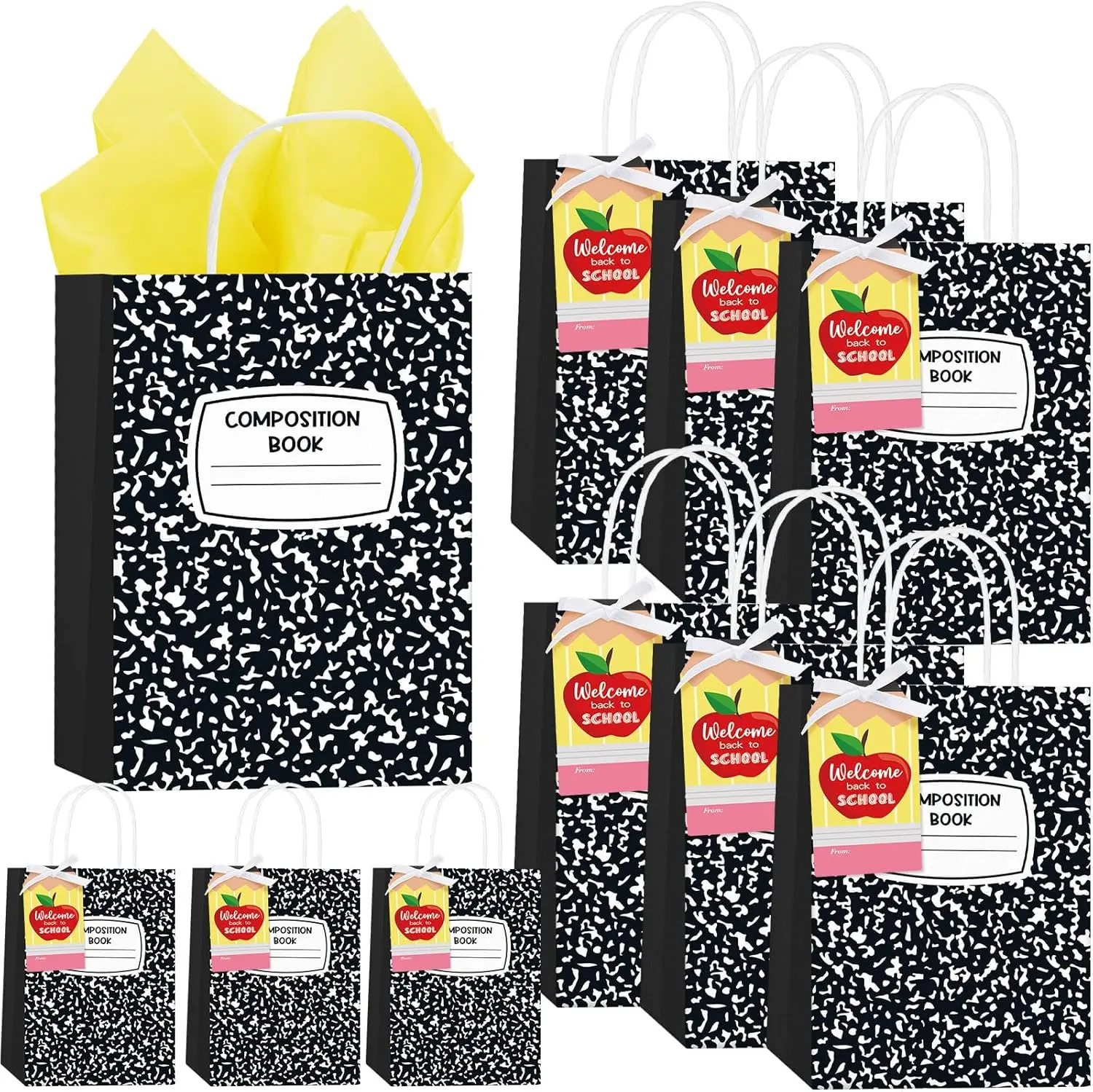 12/24 Pcs Back to School Gift Bags Composition Notebook Paper Bags with Gift Wrap Tissue Welcome Back to School Gifts for Kindergarten Students Teachers Preschool Graduation Last Day of School Party Favors Goodie Bags Thank You Gifts