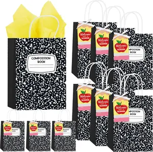 12/24 Pcs Back to School Gift Bags Composition Notebook Paper Bags with Gift Wrap Tissue Welcome Back to School Gifts for Kindergarten Students Teachers Preschool Graduation Last Day of School Party Favors Goodie Bags Thank You Gifts