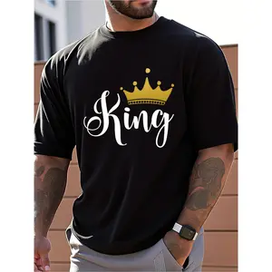 Men's Casual White King Crown Print T-Shirt, Pure Cotton, Stylish and Trendy Loose Fit, Summer Lightweight Comfort for Everyday & Multiple Occasions, Ideal for Teens and Young Adults, High Cost-Performance, Machine Washable, Suitable for Hiking or