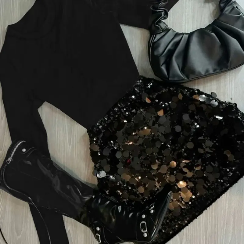 Elegant Women's Sequin Skirt Set for Formal Occasions, Holiday Parties, Casual Elegance, Chic Elegant Style, Christmas Party, Office Wear, Evening Dates, Long Sleeve, Outfit, Womenswear
