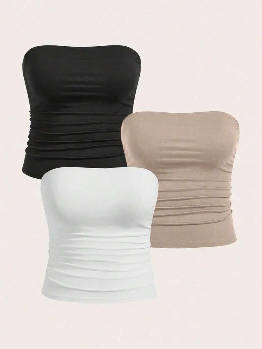 Plus Size Women Solid Color Pleated Ruched Casual Top