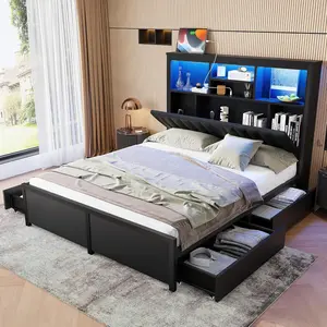 Queen Bed Frame with Storage Drawers & High Storage Headboard, Metal Queen Bed Frame with Headboard, LED light & Charging Station, Platform Bed Frames Queen Size, No Box Spring Needed, Black