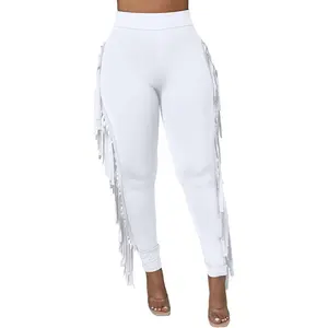 Women's Casual High Waist Fringed Pants With Elastic Waist - Bodycon Tassels Side Long Jogger Sweatpant Womenswear  Minimalist Skinny Highwaist Bottom