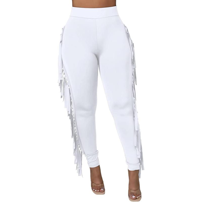 Women's Casual High Waist Fringed Pants With Elastic Waist - Bodycon Tassels Side Long Jogger Sweatpant Womenswear  Minimalist Skinny Highwaist Bottom