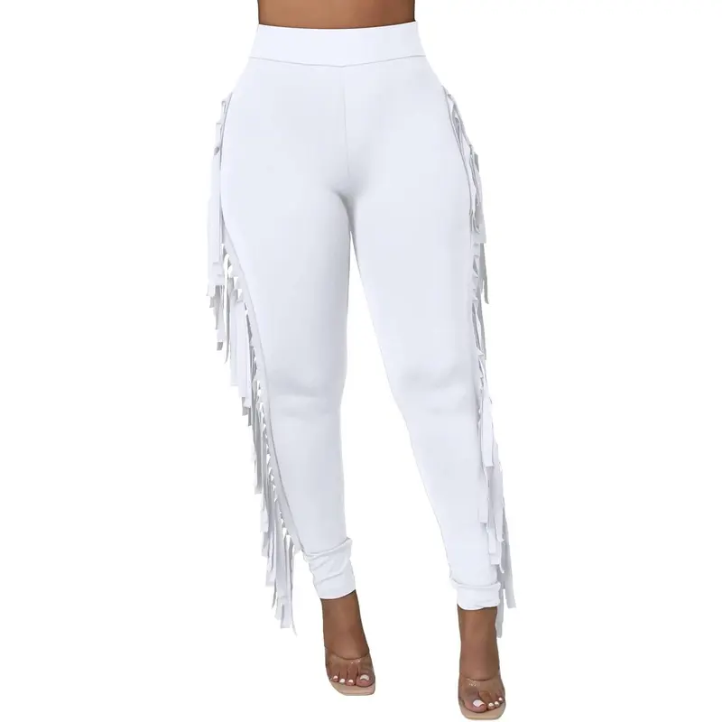 Women's Casual High Waist Fringed Pants With Elastic Waist - Bodycon Tassels Side Long Jogger Sweatpant Womenswear  Minimalist Skinny Highwaist Bottom