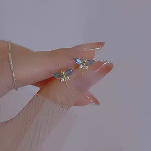 Cute Insect Design Mini Stud Earrings Summer New Chic Cubic Zirconia Dragonfly Earrings Suitable For Women's Daily Wear
