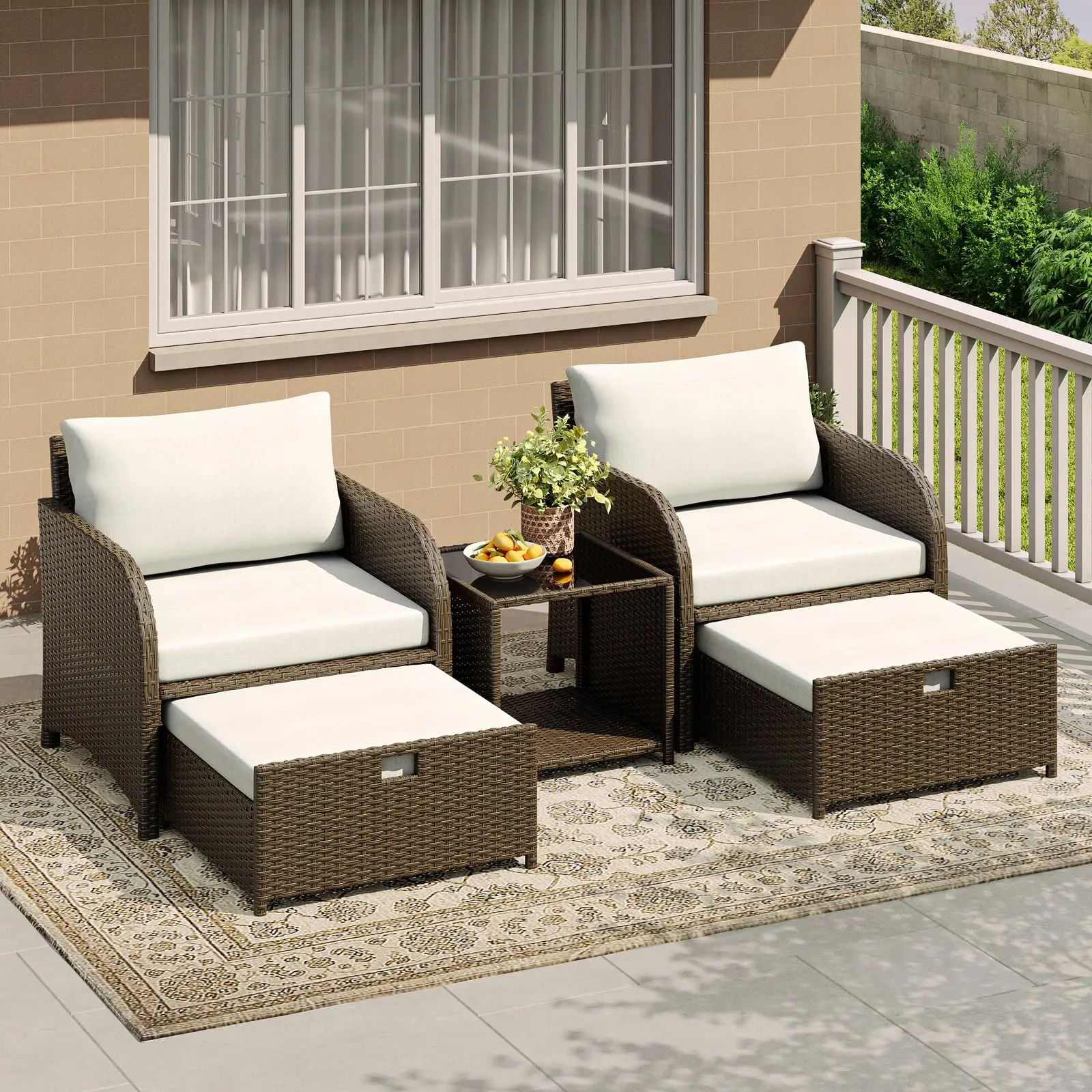 GARVEE 5-Piece Outdoor Rattan Sofa Set – Conversation Set with Tempered Glass Coffee Table, Ottomans & Thick Cushions