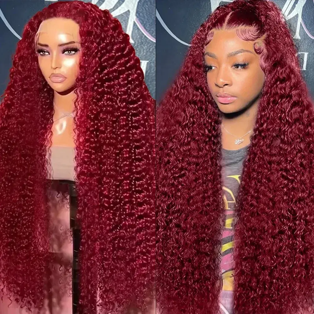 BLING HAIR 99J Burgundy Deep Wave Wig Human Hair for Black Women, 13x4/13x6 HD Transparent Lace Frontal, 180% Density Pre-Plucked, Bleach-to-light
