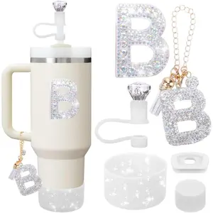 Accessories Set for  Cup, Initials Decorations for Tumbler Cup 30/40OZ, Including  Straw Topper/Spill Proof Stopper/Sparkly  Boot Set/Letter Charms for Handle A-Z (B)