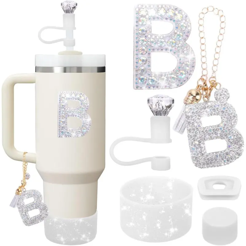 Accessories Set for  Cup, Initials Decorations for Tumbler Cup 30/40OZ, Including  Straw Topper/Spill Proof Stopper/Sparkly  Boot Set/Letter Charms for Handle A-Z (B)