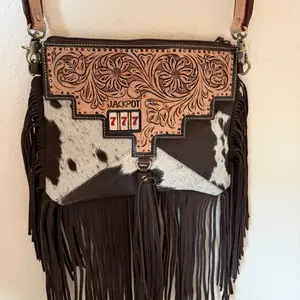 Jackpot 777 Fringe Crossbody Bag with Floral Embroidery and Cowhide Design