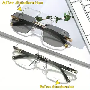 Women's Color Changing Frameless Metal Rectangle Reading Glasses, Adjustable Unisex Design, Resin Lens, UV400 Protection, for Driving & Computer Use