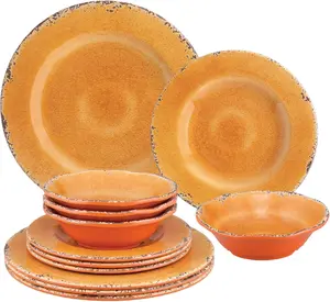 12 Piece Crackle Melamine Dinnerware Sets, Outdoor Dishes Set, Plates and Bowls Sets, Service for 4, Turquoise