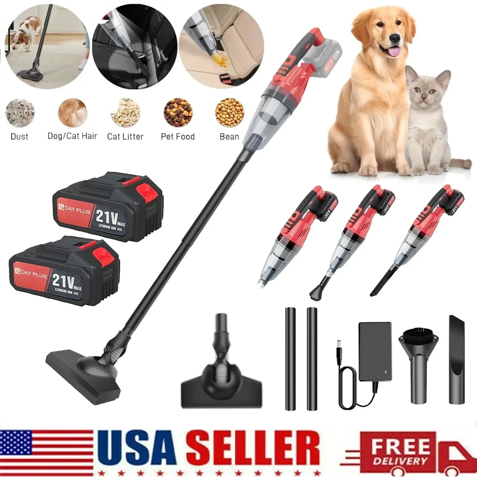 3 in 1 Cordless Rechargeable Lightweight Stick Vacuum Cleaner with LED Lights