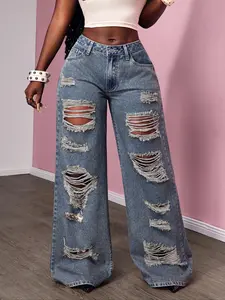 Women's Plus Size Denim Fashion Chic New Hole Design Trendy Washed Soft Comfort Straight Leg Wide Leg Pants, Casual All Seasons