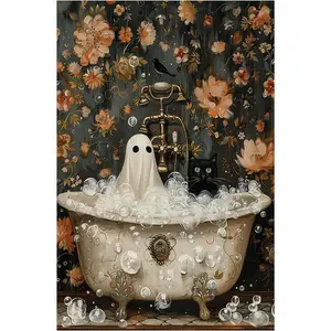 1PCS Vintage Floral Ghost Bathtub Diamond Painting Kit Halloween Bathroom Decor Art Craft with Black Cat