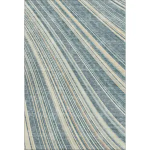 HomeRoots 677506 Strip Area Rug, 9x12 ft. Sky Blue, Tan & Beige Striped, Machine-Made Rectangle, Washable with UV Protection, Strip Area Rugs