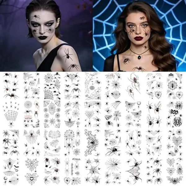36 Sheets Spider Halloween Temporary Tattoos for Adults Women Men Kids, 280+ PCS Creepy Spider & Web Tattoos Stickers, Fake Tattoos for Spooky Party Supplies Favors, Halloween Costume Accessories