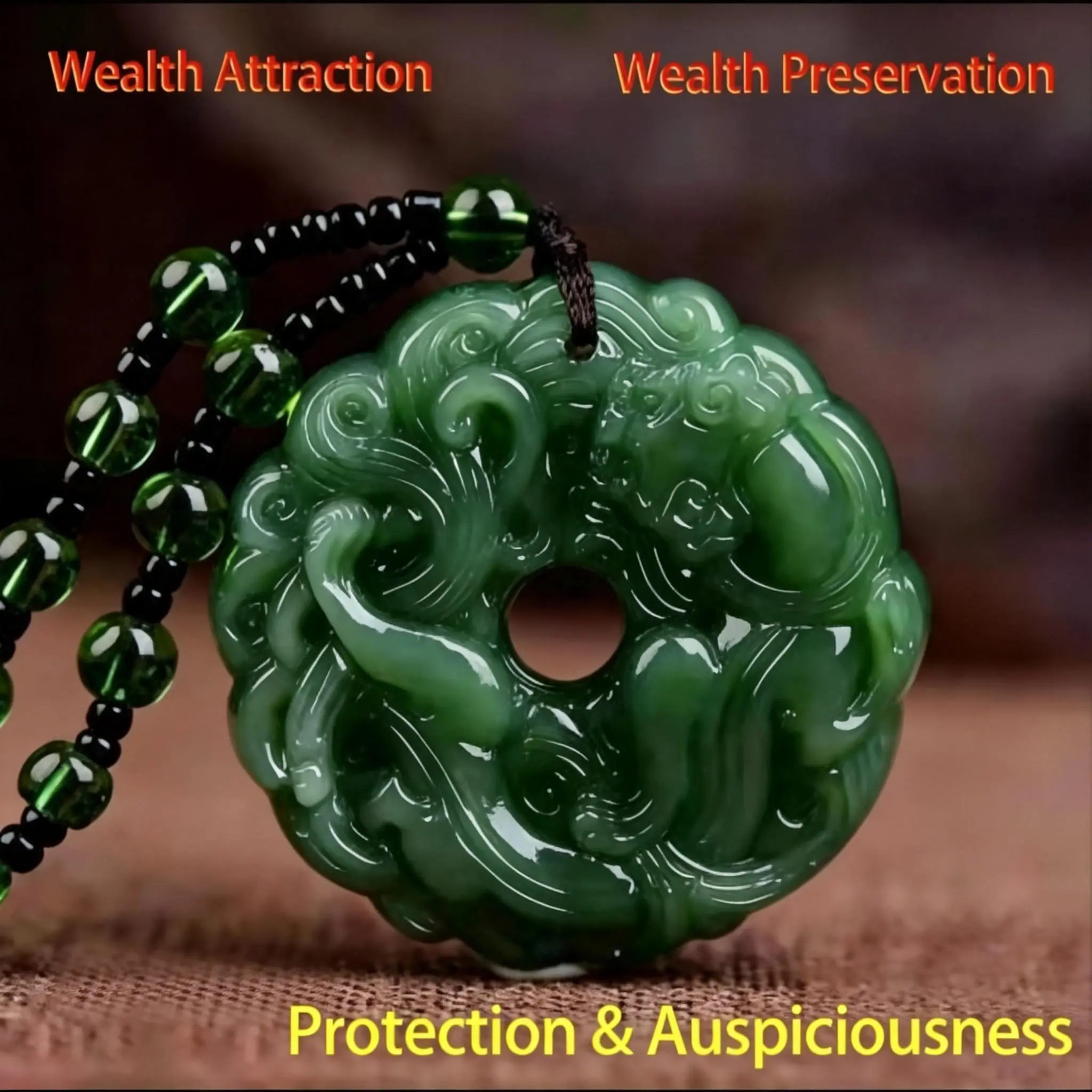 Hand Carved Pixiu Polished Green Jade Safety Buckle Pendant Necklace - Unisex Oriental Feng Shui Collectibles, 64cm Beaded Chain Dragon Stone Jewelry, Daily Wear, Special Occasions Ideal Gift for Boyfriend