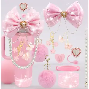 Pink Stanley Cup Accessories Kit with Glitter Bow Straw Topper Heart Cover Pearl Handle Strap Boot Pom Pom Charms for 40 30 20 Oz Tumblers