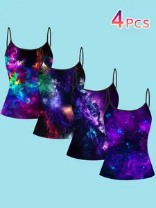 4-Piece Set Colorful Starry Sky Thin Strap Tank Tops, Galaxy Gradient Halter Tops, Women's Summer Y2K Sleeveless T-Shirts