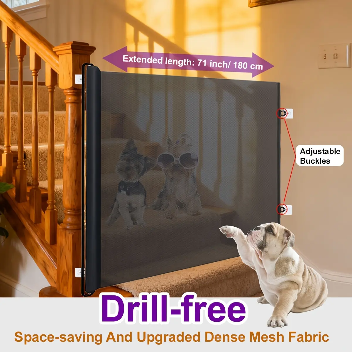 Magic Gate for Dogs, 190x80cm Portable Mesh Pet Gate, Adjustable Drill-Free Safety Fence, Foldable Indoor Dog Cat Barrier for Stairs Doorways, Black/Grey ,mini gifts