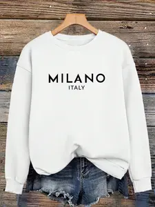 Women's Italian Milan Letter Print Sweatshirt, Casual Fall Ribbed Long Sleeve Pullover, Fashionable Loose Fit Top for Women
