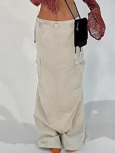 Women's Low Waist Drawstring Cargo Maxi Skirt, Casual Streetwear for Y2K, Trendy and Comfortable Design