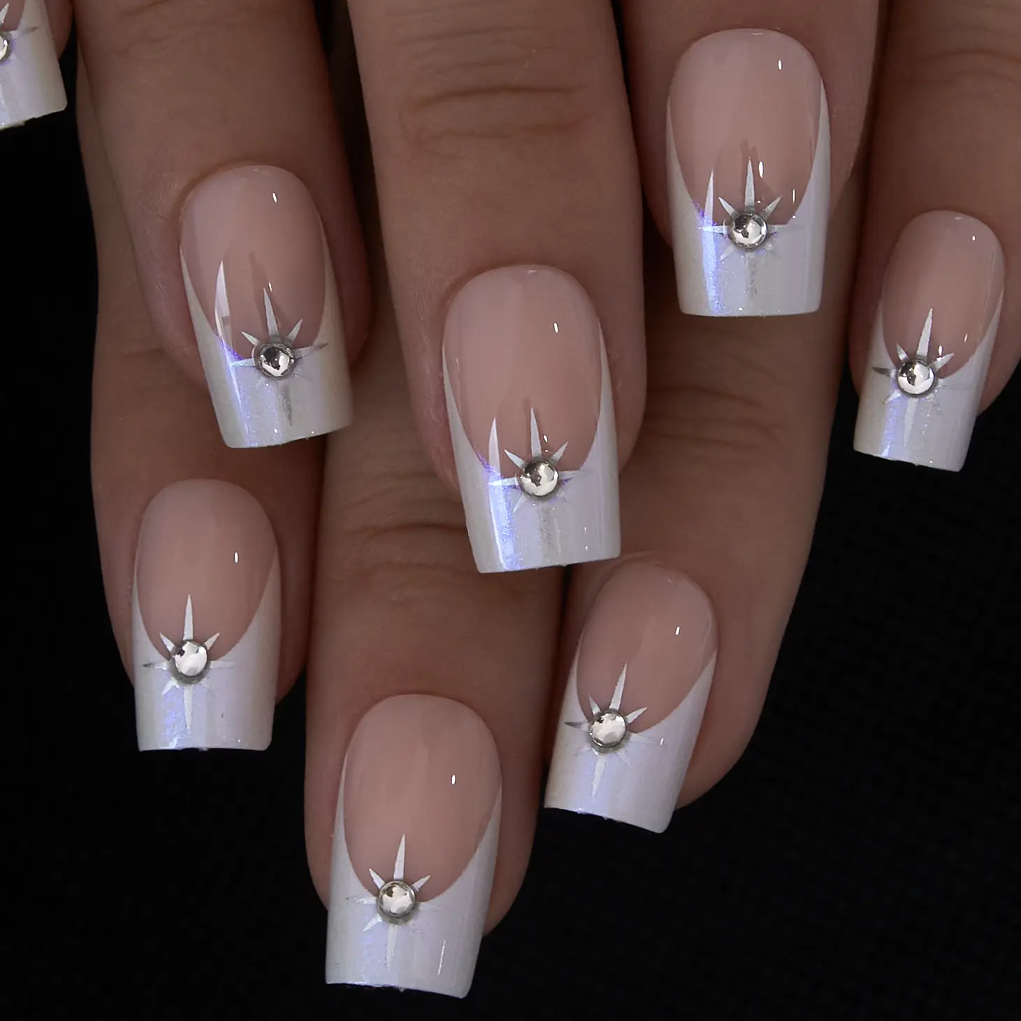 CurvLife Crystal Halo Press-On Nails – 30PCS Square French Tips with Iridescent White Shine and Pearl Rhinestone Accents, Glossy & Elegant, Reusable and Non-Toxic, Perfect for Bridal, Party, or Daily Classy Look