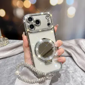 Viral Luxury Glitter iPhone Case for Women, Clear with Built‑in Makeup Mirror & Foldable Stand, Full Shockproof Protective Cover for iPhone 12‑17 Pro Max Plus phone 17 purple beautiful trendy item aesthetic gift creative design stylish lovely Anti-Fall