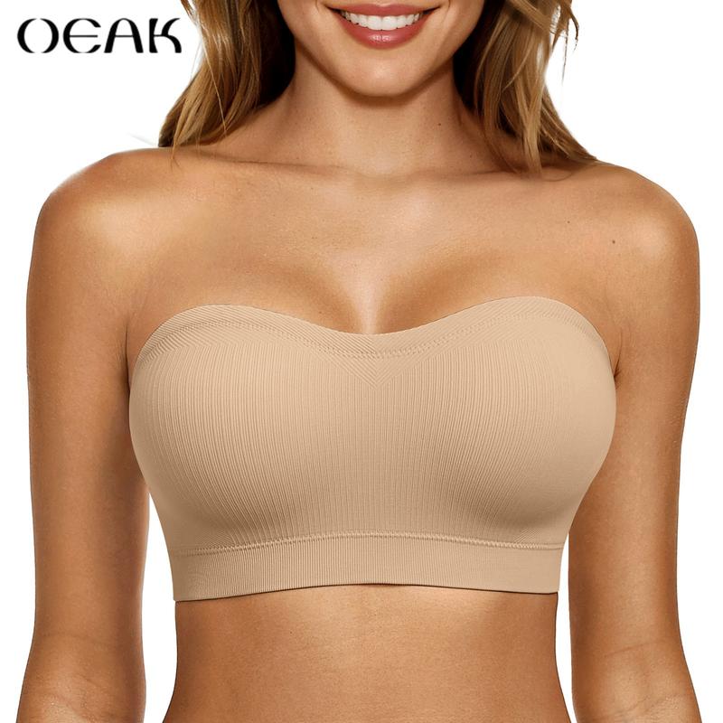OEAK Seamless Strapless Bandeau for Women Non-Slip Silicone Padded Bra Vertical Stripe Wireless Bralette Everydaybra