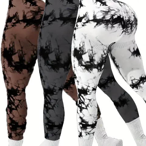 Women's 3pcs Tight Seamless Tie-Dye Yoga Leggings - Comfort-Waisted Gym Clothes Women's Pants Multi Pack for Yoga & Gym Sports Bottoms Activewear