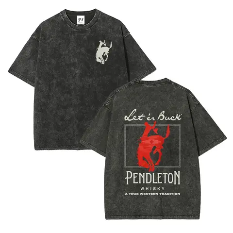 Men's Oversized Stretch Cotton Round Neck Short-Sleeve Streetwear T-Shirt - Unisex Retro Soft Fabric Clothes, Western "Let ’er Buck" Cowboy Horse Graphic, Vintage Washed, 2-Sided Print