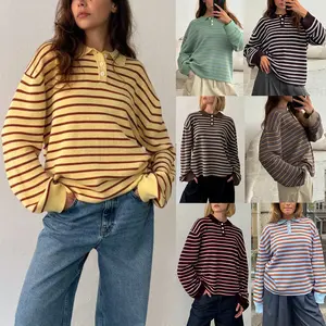 Women's Neutral style lapel long sleeved topLoose Fit Long Sleeved Sweater, Contrast Striped Half Button Collar, Ribbed Knit Pullover, Casual Autumn Fashion, Versatile Comfortable Top