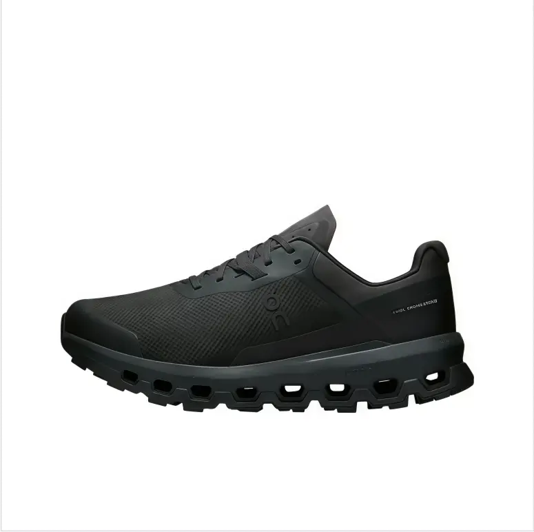Outdoor trail running shoes all black rugged upper lugged chunky outsole anti slip grip terrain adapt water resistant mountain hiking long trek supportive fit durable unisex adventure sport footwear