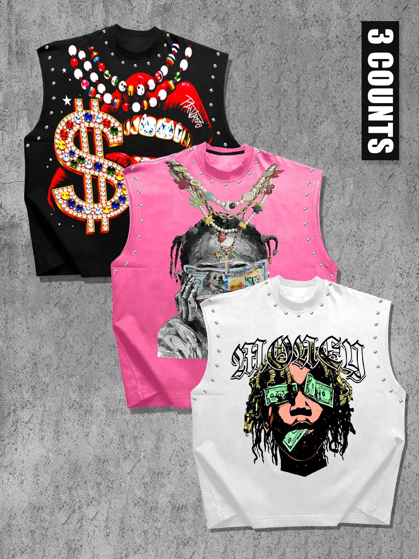 Casual Sporty Fitness Daily Wear Tank Top Set, Activewear Clothing, Fitness Clothes, Rivet Design Trendy Print, Summer Sleeveless Workout Vest Tops, Unisex Streetwear, Three-Piece Set, Sleeveless Sports Vests, Graphic Print