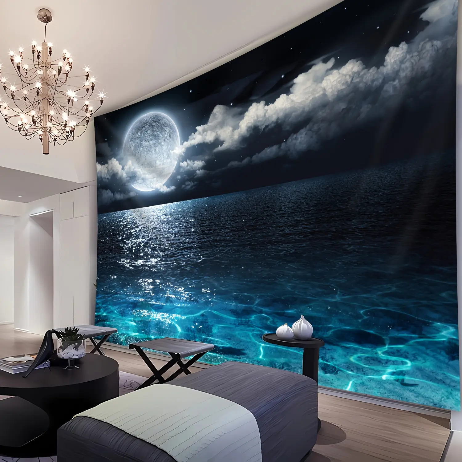 1pc Ultra large size Sea Moon Landscape Photo Background Cloth Wall Hanging, Polyester Tapestry for Living Room Bedroom Party Decoration Live streaming background tapestry with Free Hanging Clips Wall Decoration