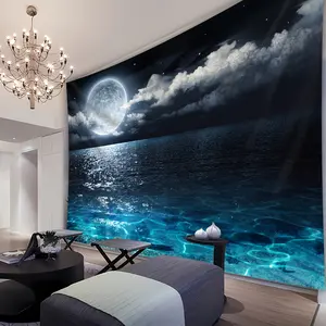 1pc Ultra large size Sea Moon Landscape Photo Background Cloth Wall Hanging, Polyester Tapestry for Living Room Bedroom Party Decoration Live streaming background tapestry with Free Hanging Clips Wall Decoration