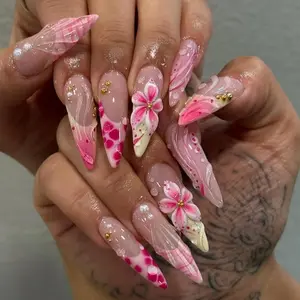 A31 Pink Blossom Press-On Nails, 3D Flower and Jelly Wave Design, Glossy Pink Gradient with Gold Detail, Vacation Nails, Gift for Her